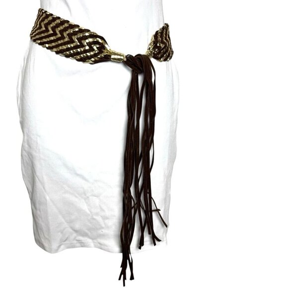 Vintage Y2K gold & brown wide statement belt suede fringe ties shut One size - Picture 1 of 3